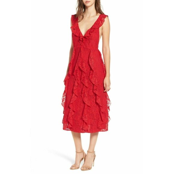 AFRM Women’s Ingrid Red Lace Ruffle Midi Dress Plunge V-Neck Size XS - Picture 16 of 16